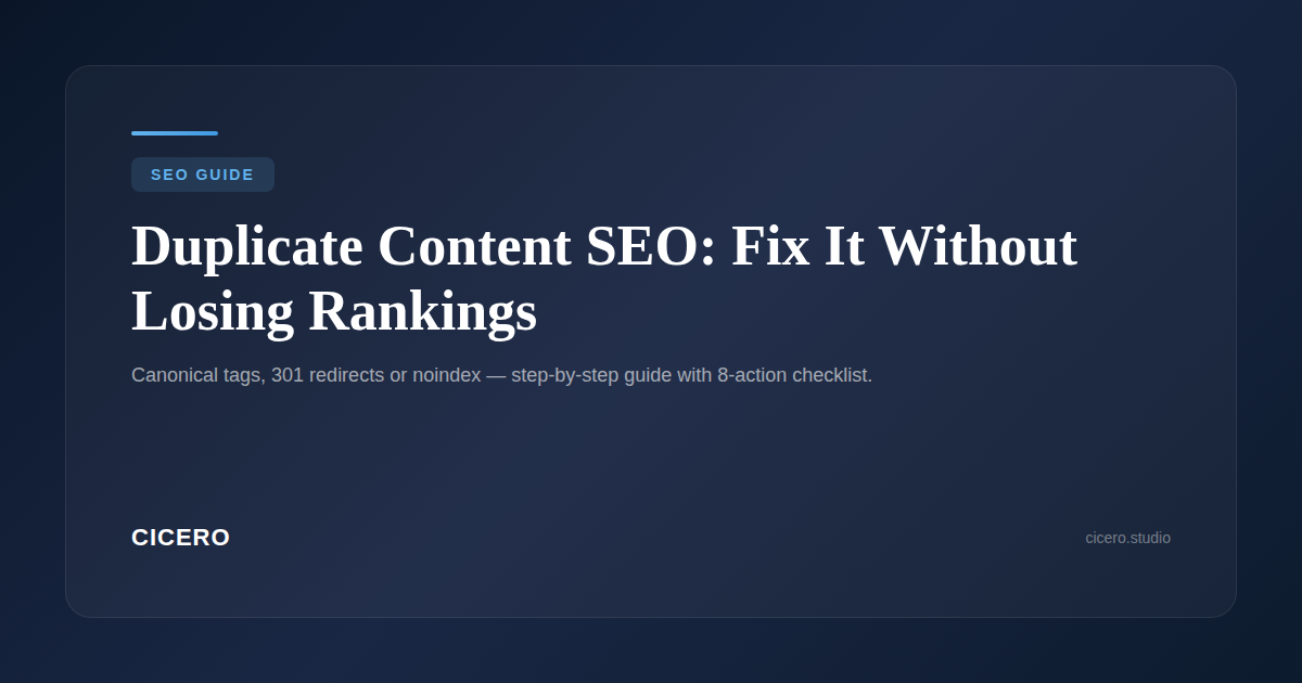 SEO analyst reviewing Google Search Console duplicate content report on two screens, cluttered desk, afternoon light