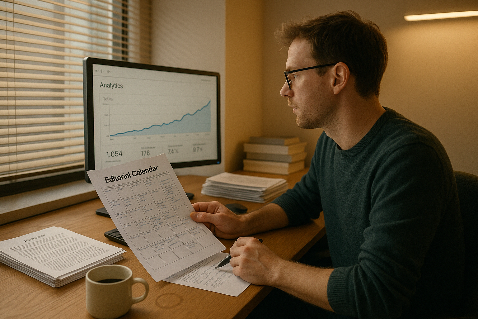 Content strategist reviewing editorial calendar with handwritten notes, analytics screen showing steady traffic curve, ordinary office setting with afternoon window light