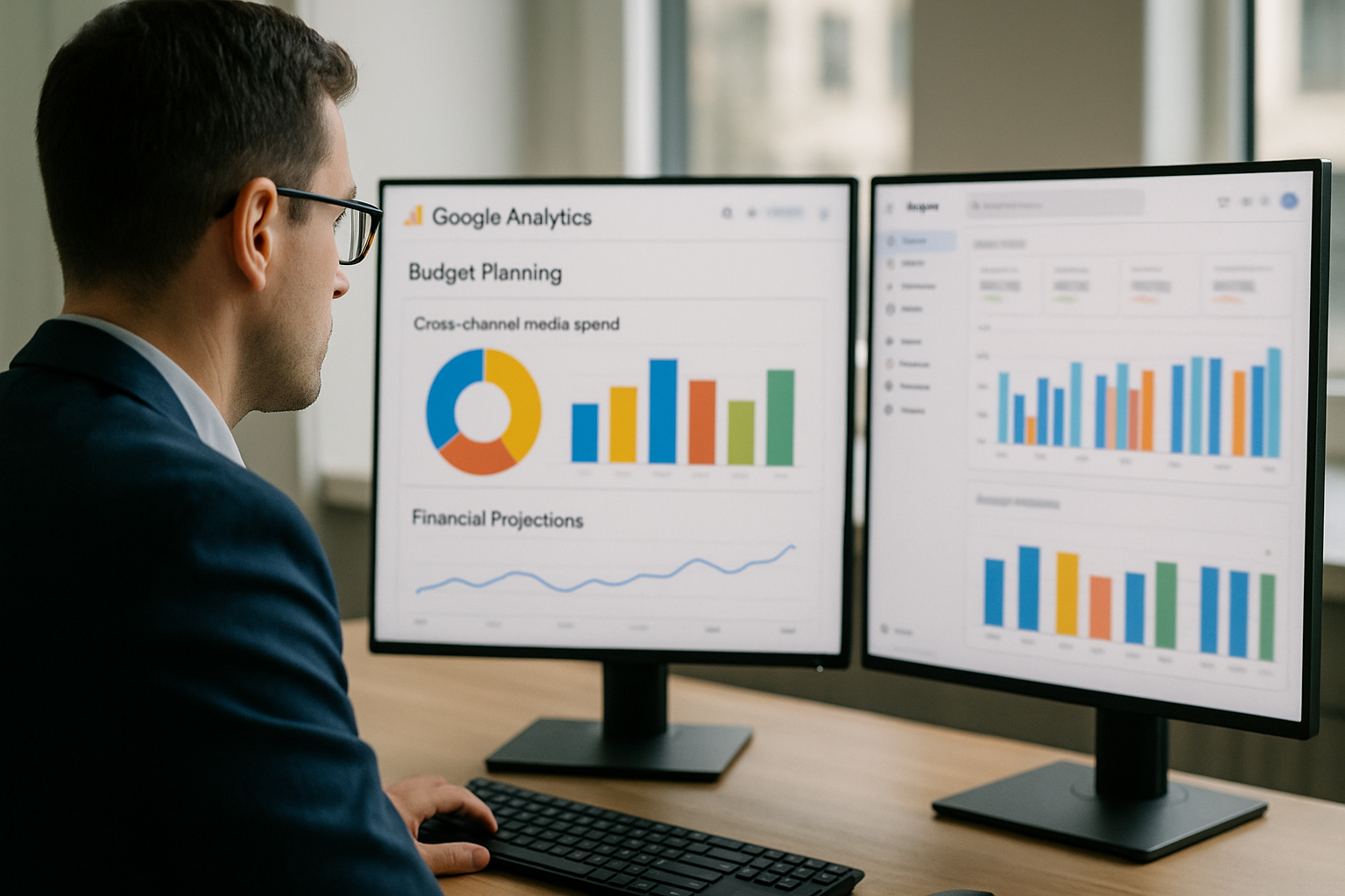 Marketing analyst using Google Analytics with cross-channel budget planning