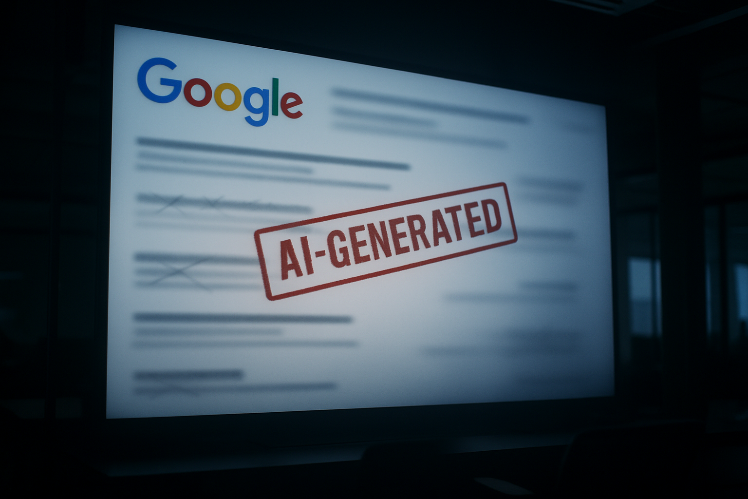 Screen showing Google search results with AI content penalized by the April 2026 Core Update