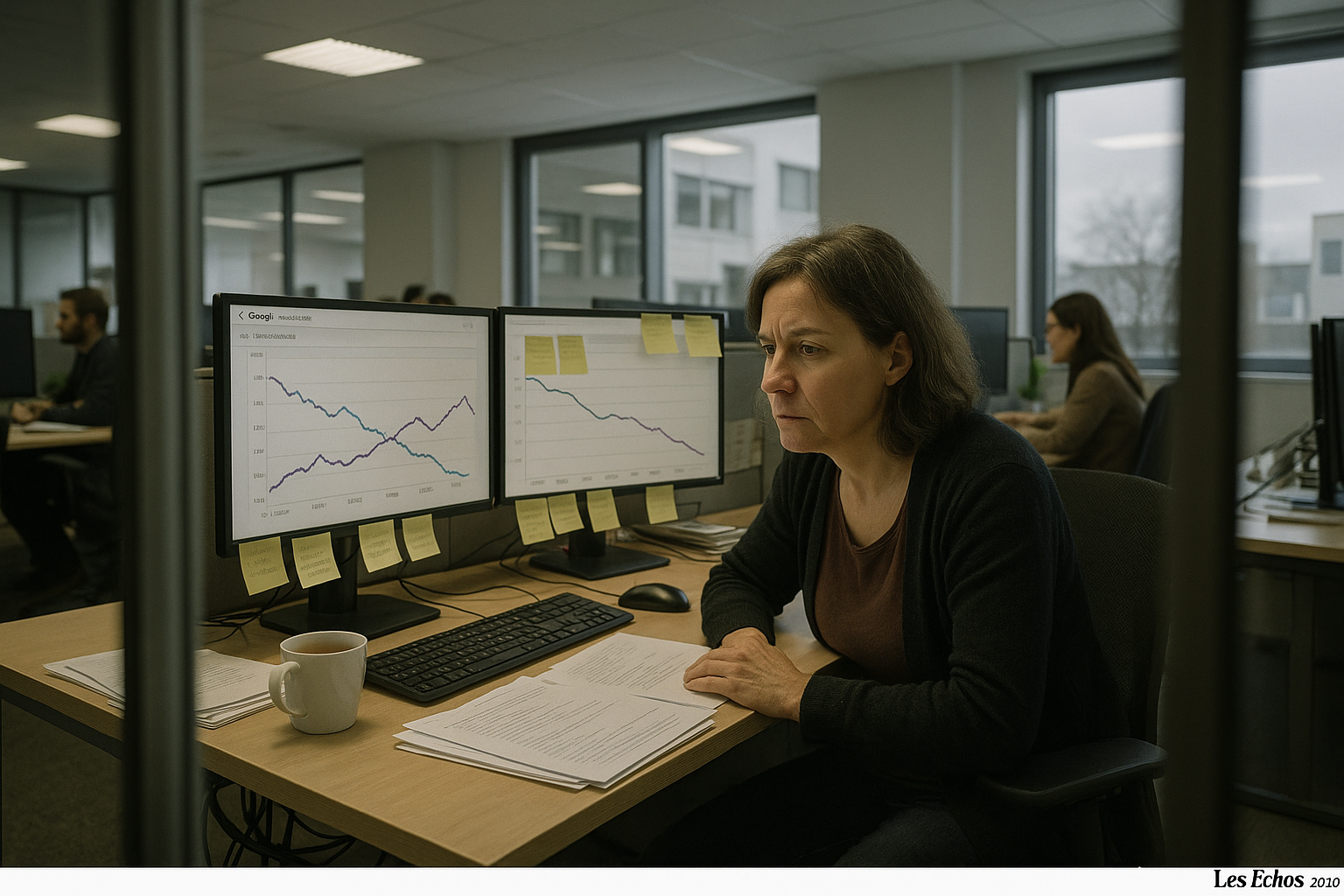 Google Search Console screen showing two pages competing for the same keyword, realistic office setup with handwritten notes