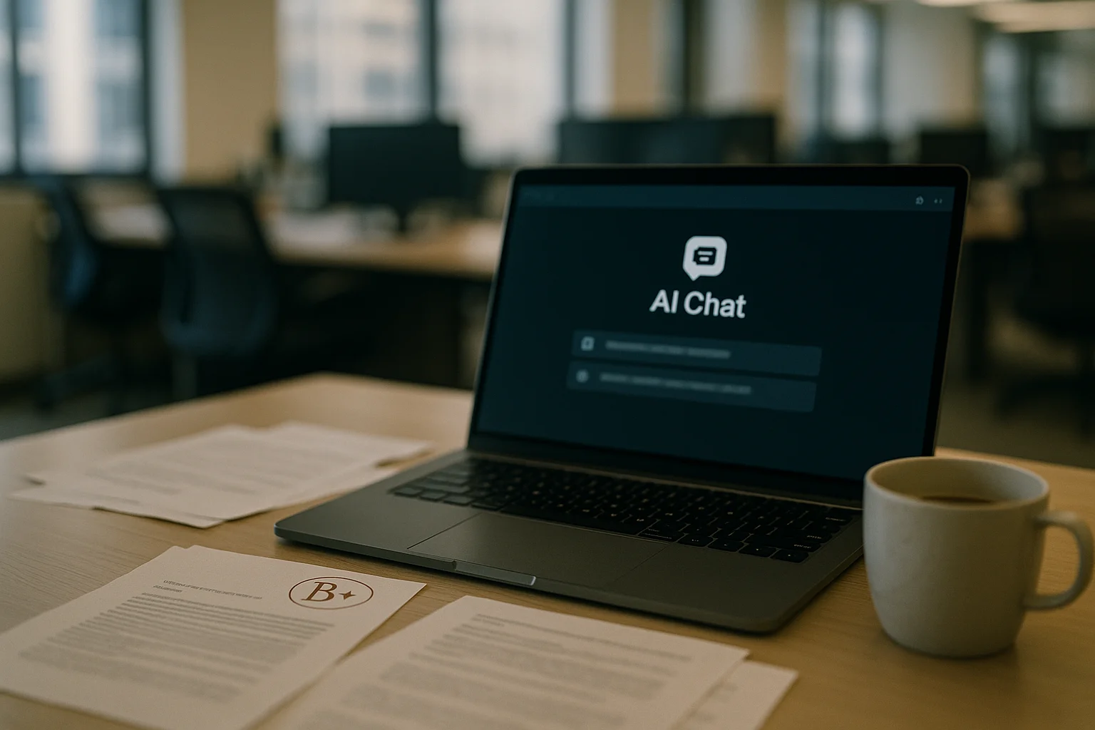 Office workspace with laptop showing AI chat interface, everyday work atmosphere