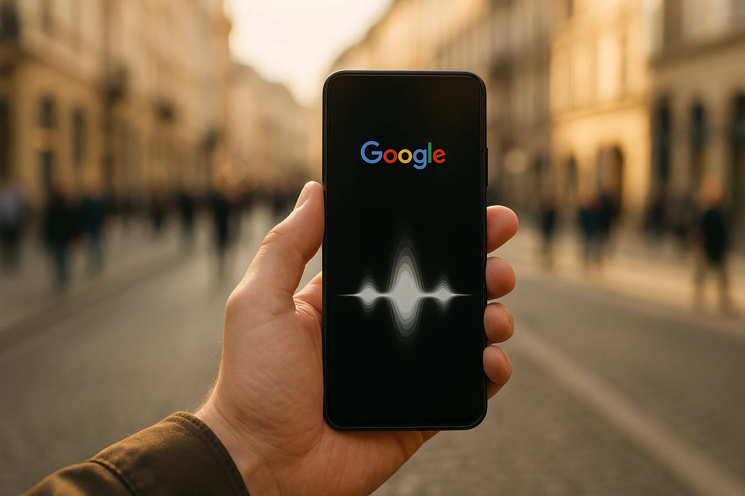 Personne utilisant Google Search Live sur smartphone avec recherche vocale IA