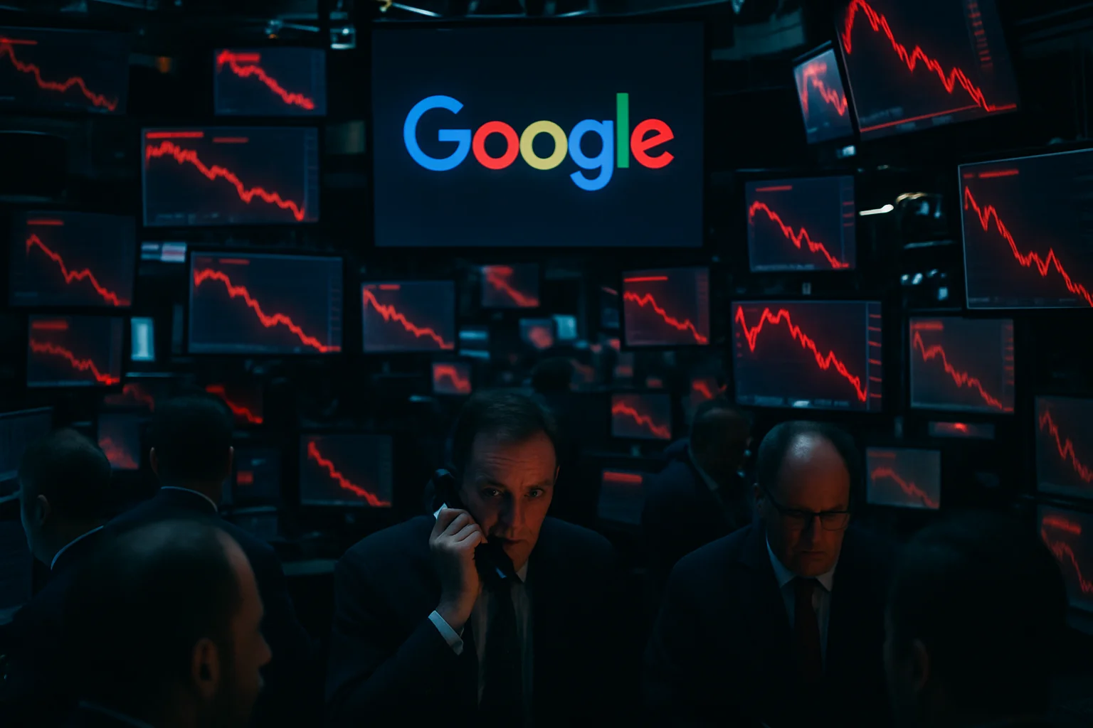 Écrans de trading affichant des graphiques boursiers en baisse avec le logo Google, illustrant la pression concurrentielle sur la recherche en ligne