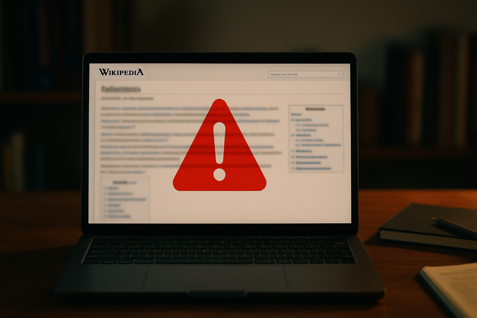 Laptop ouvert sur Wikipédia avec overlay rouge symbolisant l'interdiction du contenu IA